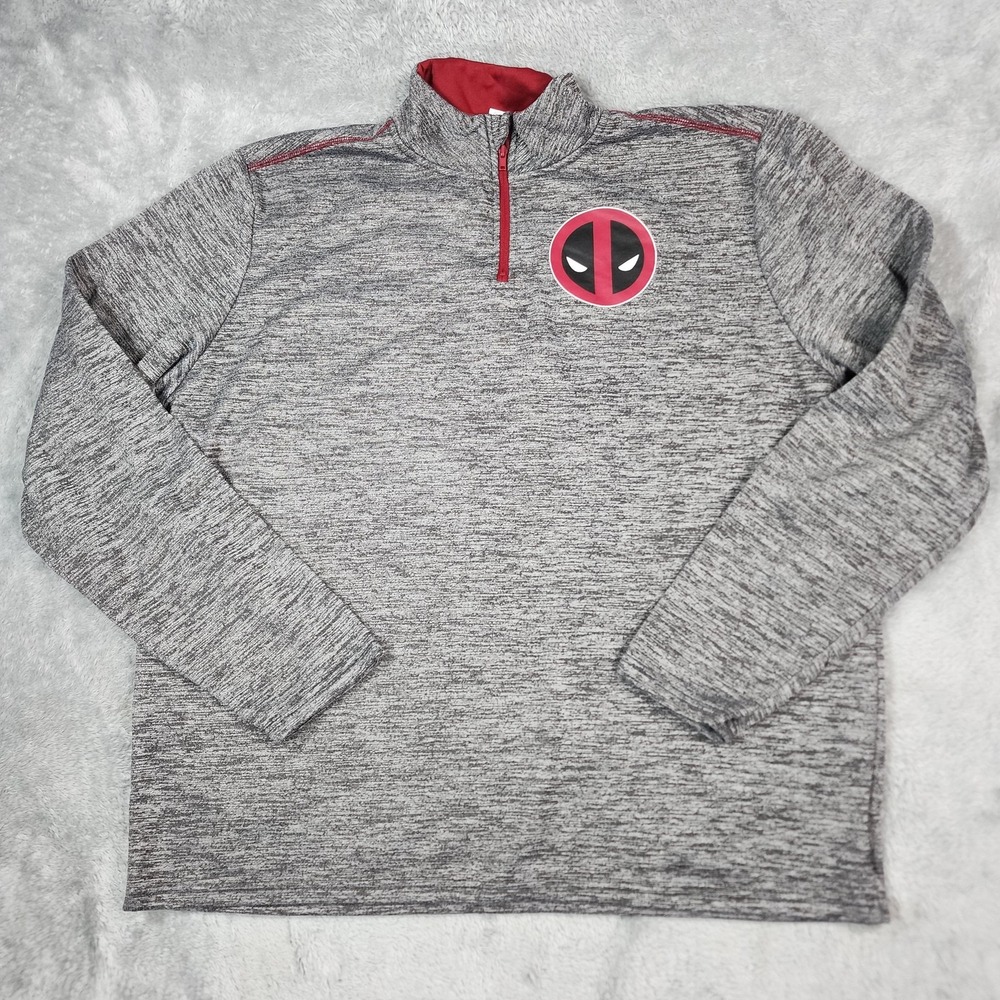 Marvel Deadpool Pullover Mens Large Gray Red Quarter Zip Sweater Mad Engine Logo